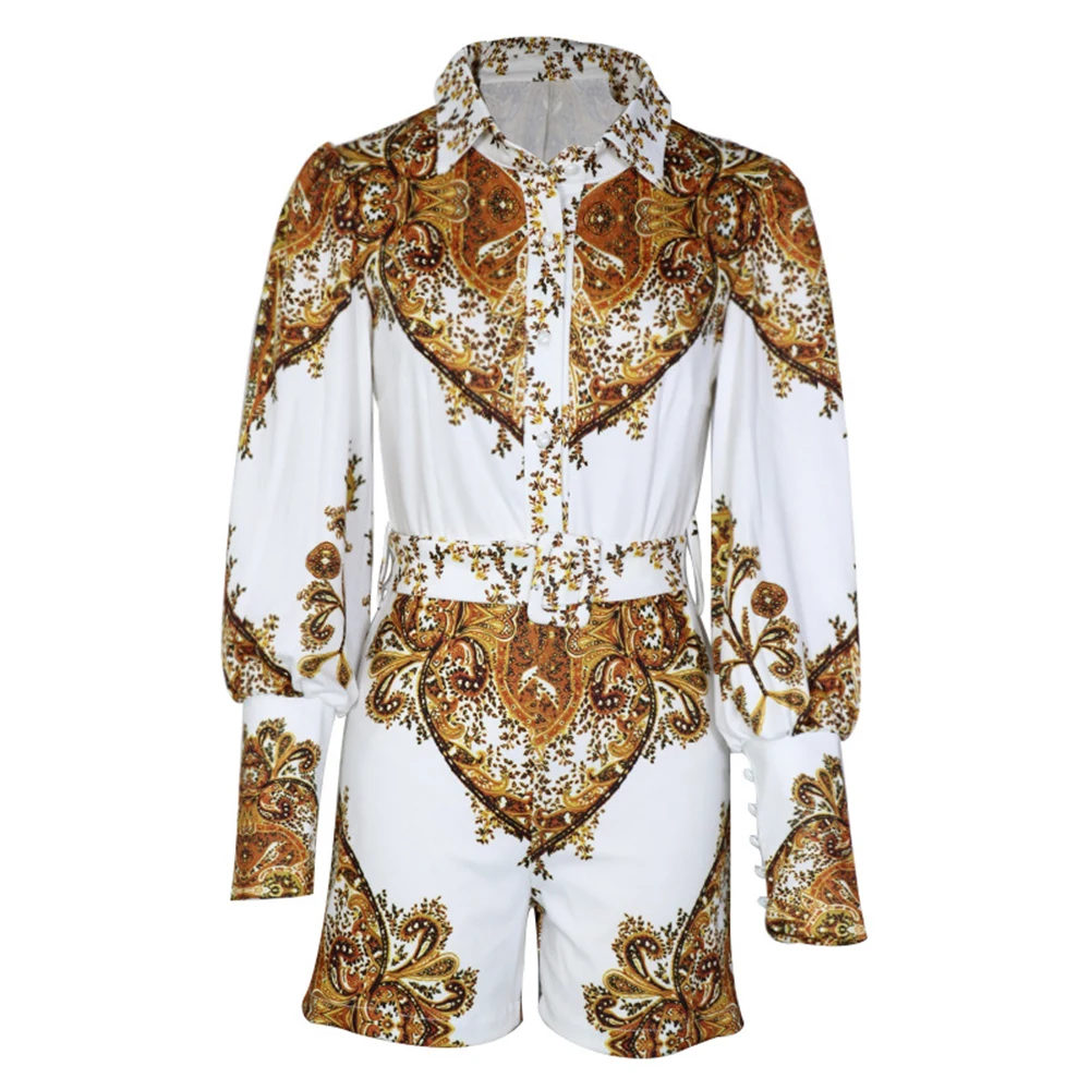 Female Shorts Pants Jumpsuit Women Elegant Long Sleeve Playsuit Vintage Royal Printed Rompers Overalls