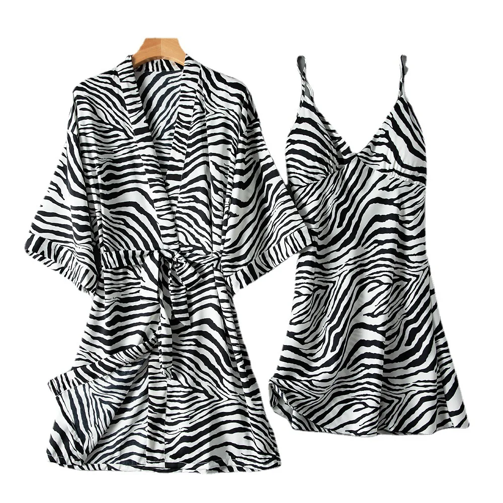 

Sleepwear Leopard Women Robe Set Satin 2PCS Nightwear Kimono Bathrobe Gown Faux Silk Intimate Lingerie With Lace Home Clothes