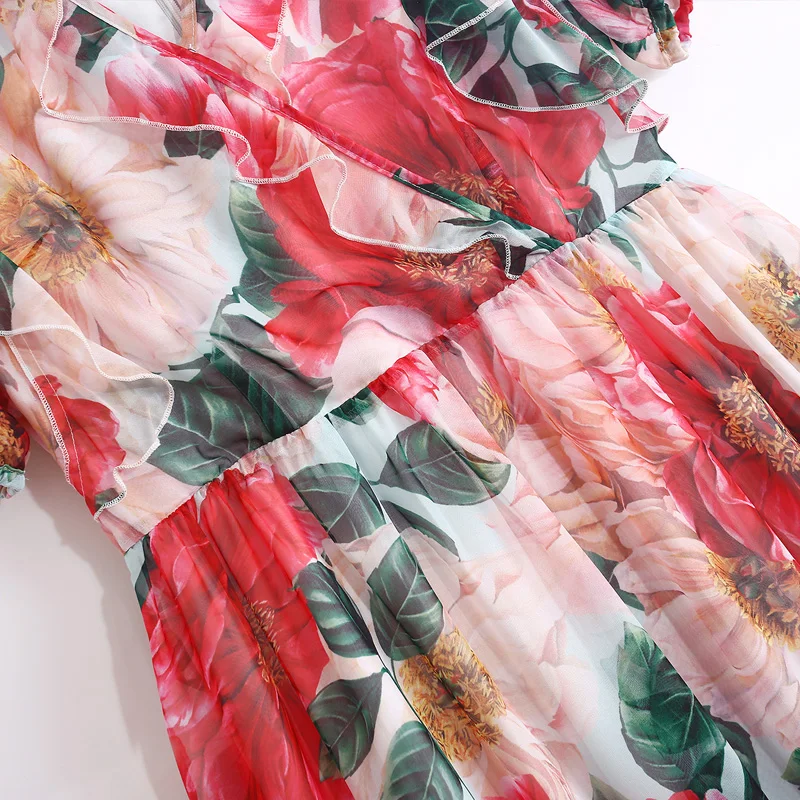 

2021 New Spring Summer Woman's Fashion Dress Runway Design Red Camellia Sexy V-Neck Ruffled Holiday Party Chiffon Dress