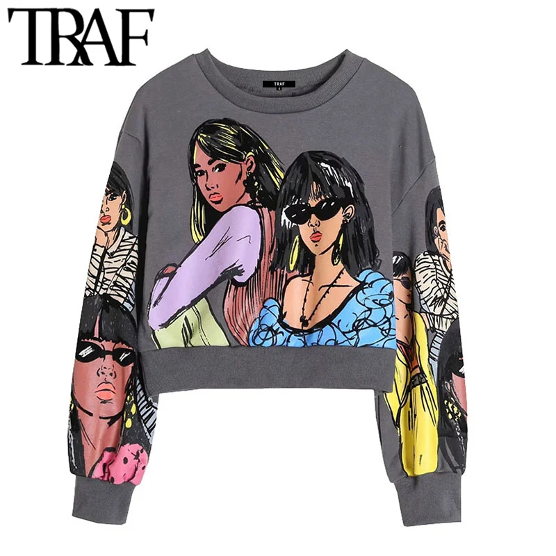 

TRAF Women Fashion Charater Print Loose Cropped Sweatshirt Vintage O Neck Long Sleeve Female Pullovers Chic Tops