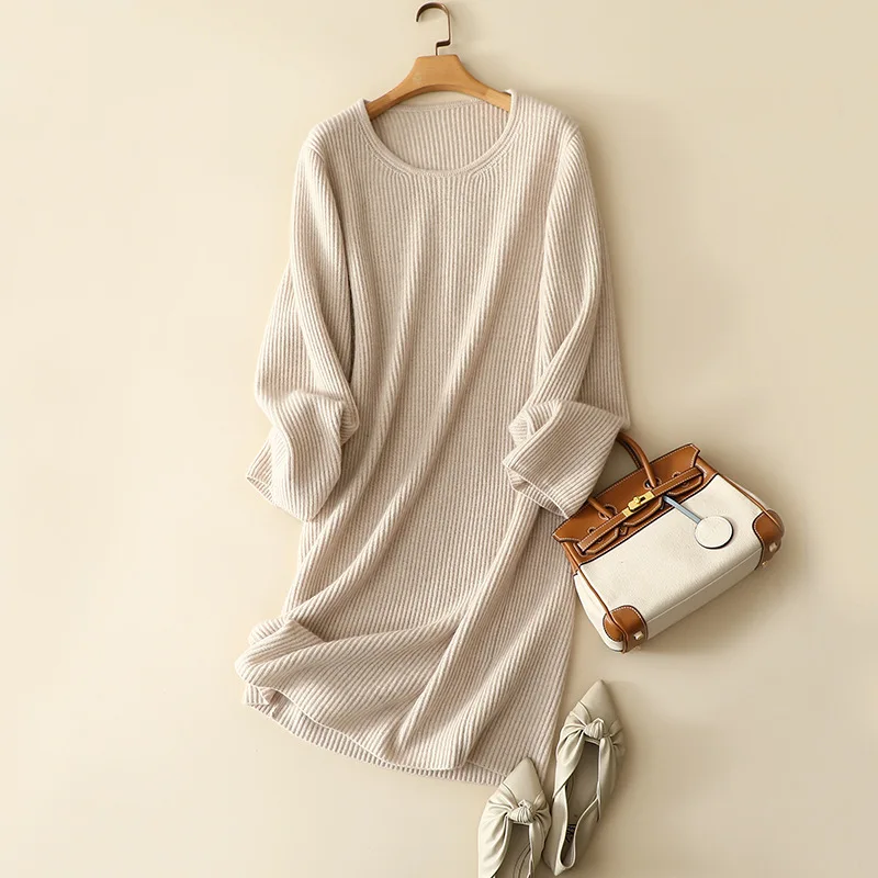 

2020 winter new styles cashmere wool loose dresses women crew neck thick sweater dress pullover knitted oversized female jumper
