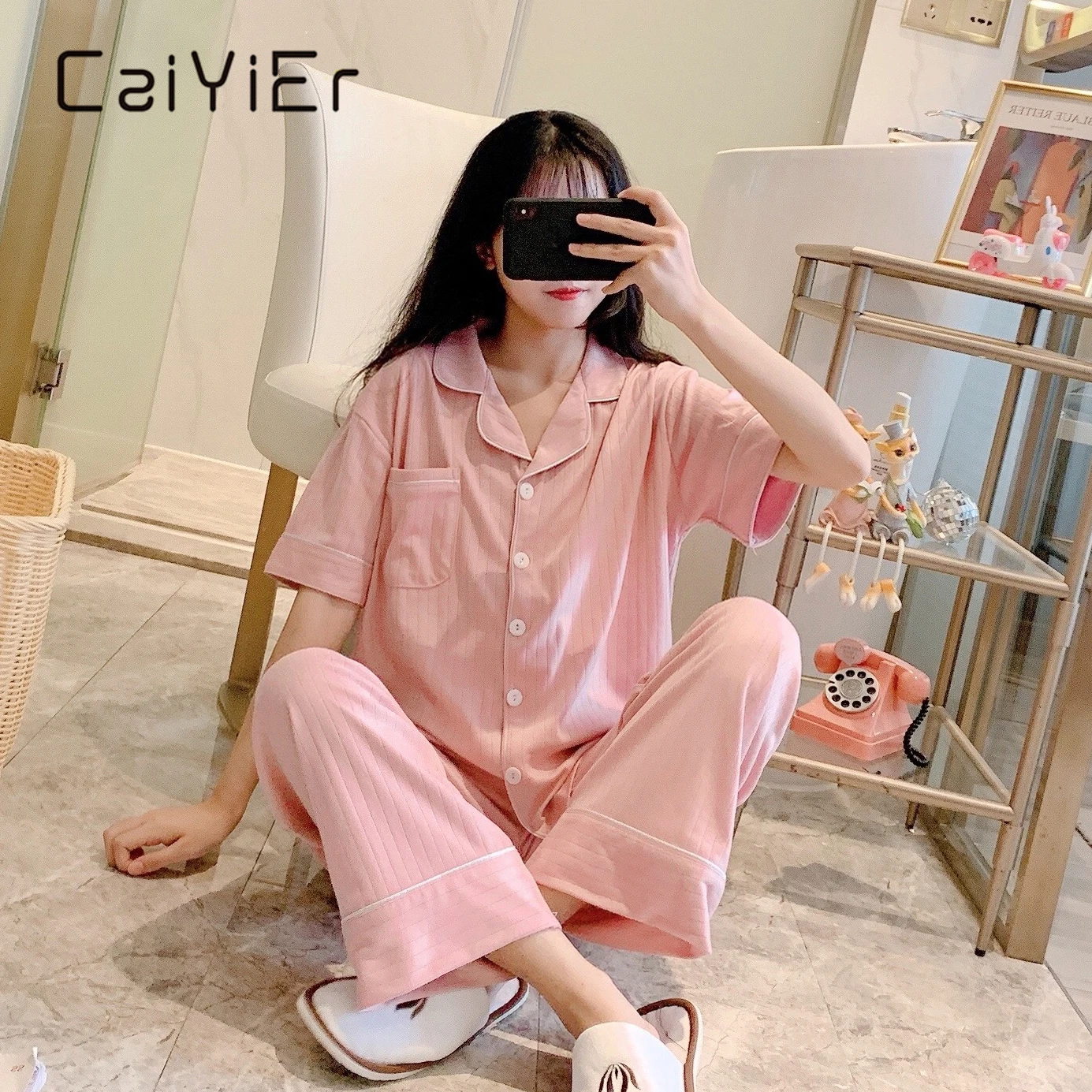 CAIYIER New Summer Cotton Pajamas Set Short Sleeve Tops+Trousers Sleepwear Women Casual Pure Color Turn-down Collar Nightwear