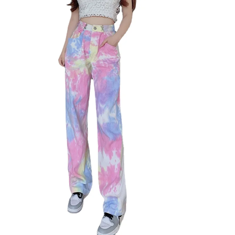 

Y2k Tie-dye Rainbow Buckle Wide-leg Jeans Women New Trend Straight Pants Female Hip Hop High Waist Retro Denim Trousers Mujer