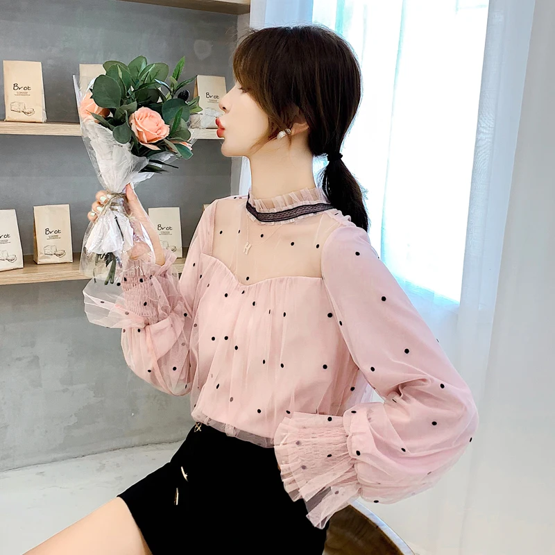 COIGARSAM Повседневная Блузка в горошек для женщин Новинка Весна длинный рукав шифон