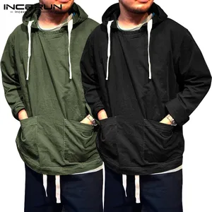 INCERUN, мужской однотонный Повседневный пуловер с капюшоном и длинным рукавом, модные, большие карманы, уличная одежда, мешковатые, на завязках, мужской худи-свитшот