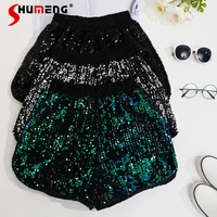 high waisted sequined wide leg shorts ladies fashion 2022 spring new trendy loose slimming elastic waist shorts student female