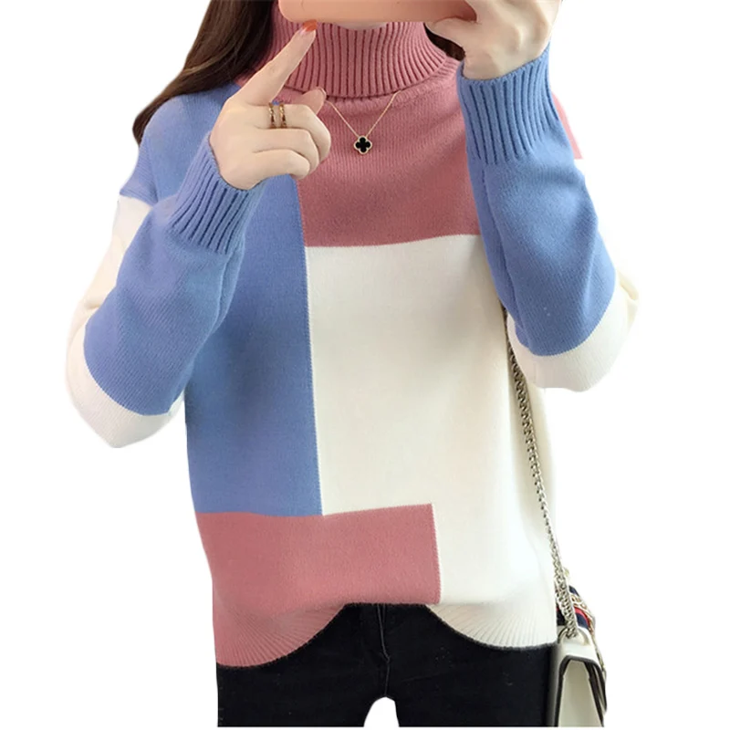 

Женский свитер контрастных цветов, теплый пуловер с высоким воротником в Корейском стиле на осень и зиму