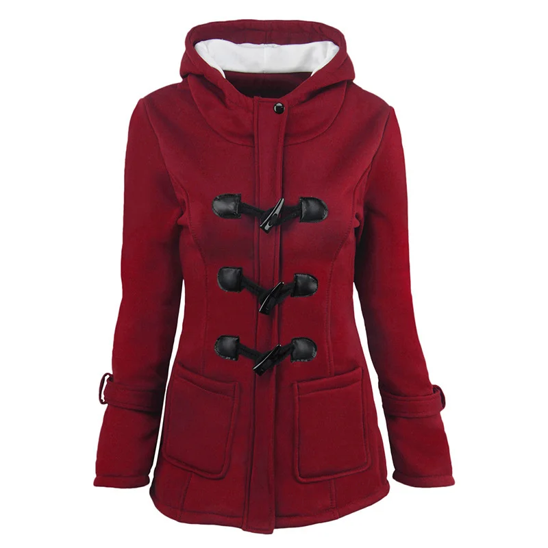 

Casual Hooded Women's Coat Women Autumn Zipper Blended Solid Pocket Croissant Buckle Middle Length Coats Horn Button Long Jacket