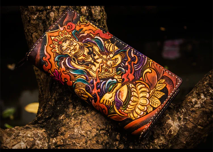 Handmade Wallets Carving the god of wealth Purses Men Long Clutch Vegetable Tanned Leather Wallet Card Holder