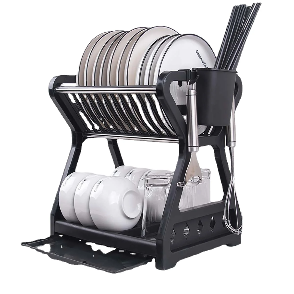 

2021 New Double-layer Kitchen Dish Bowl Draining Storage Rack with Chopstick Cage Household Tableware Organizer Tray Box Basket