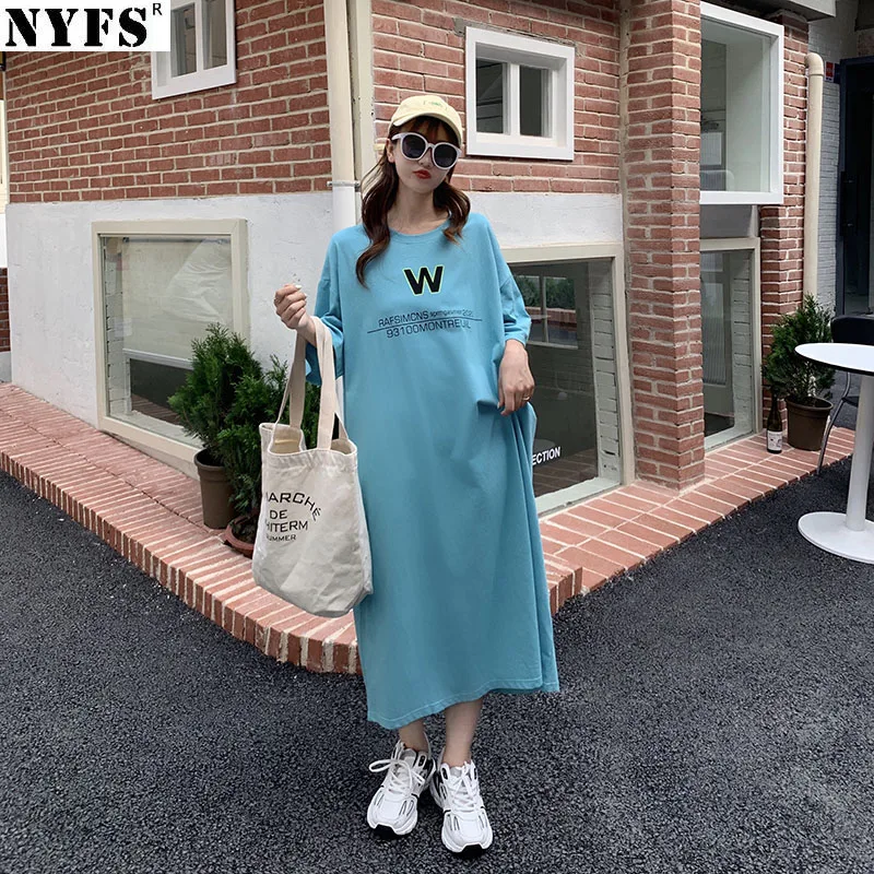 

NYFS Summer Dress 2021 Korean New Loose Back hollow Woman Dress Vestidos Robe Elbise Simple Printing Long Dress