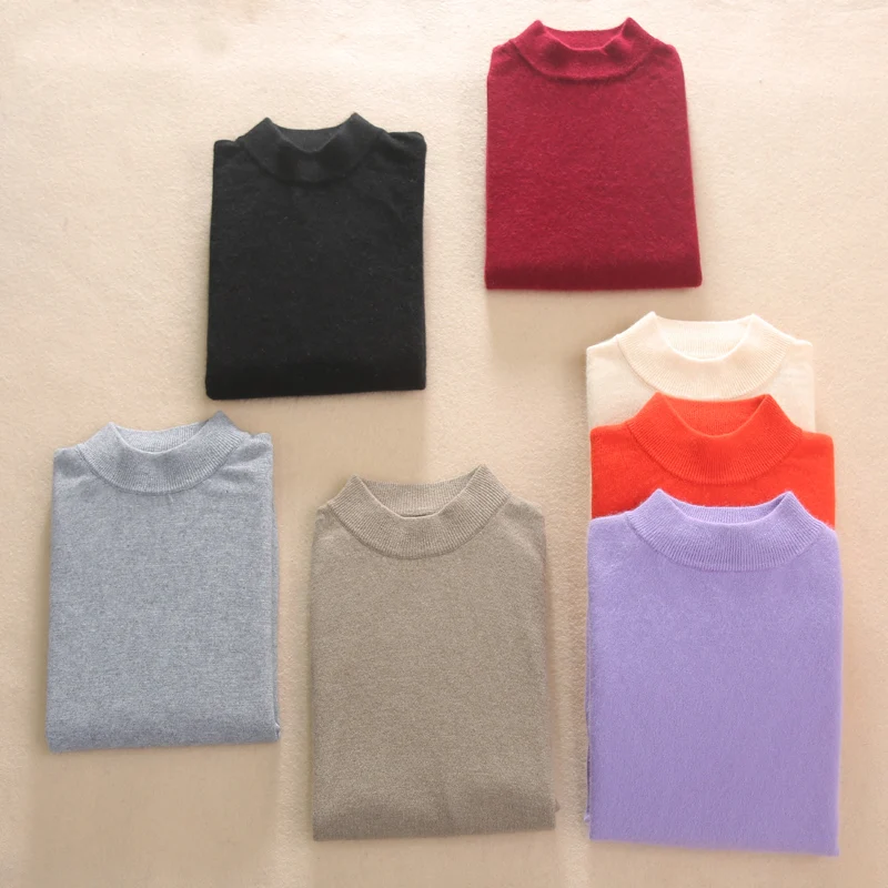 Женский классический однотонный пуловер с полувысоким воротником и длинными