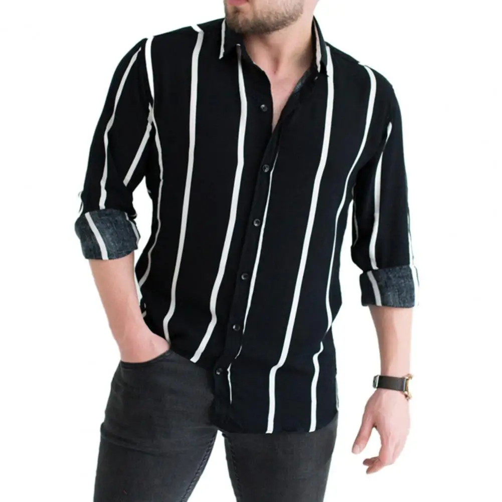 

Shirt Men Chic Striped Print Men Shirt Turn-down Collar Top Long Sleeve Buttons Closure Business Shirt Male Casual Shirt 3XL