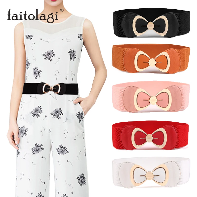 Женский пояс с металлической пряжкой широкий эластичный в форме банта для платья