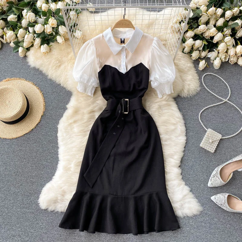 

Платье в стиле Хепберн, новинка 2021, летнее женское платье с воротником-рубашкой, Элегантное маленькое черное платье-годе с контрастной стро...