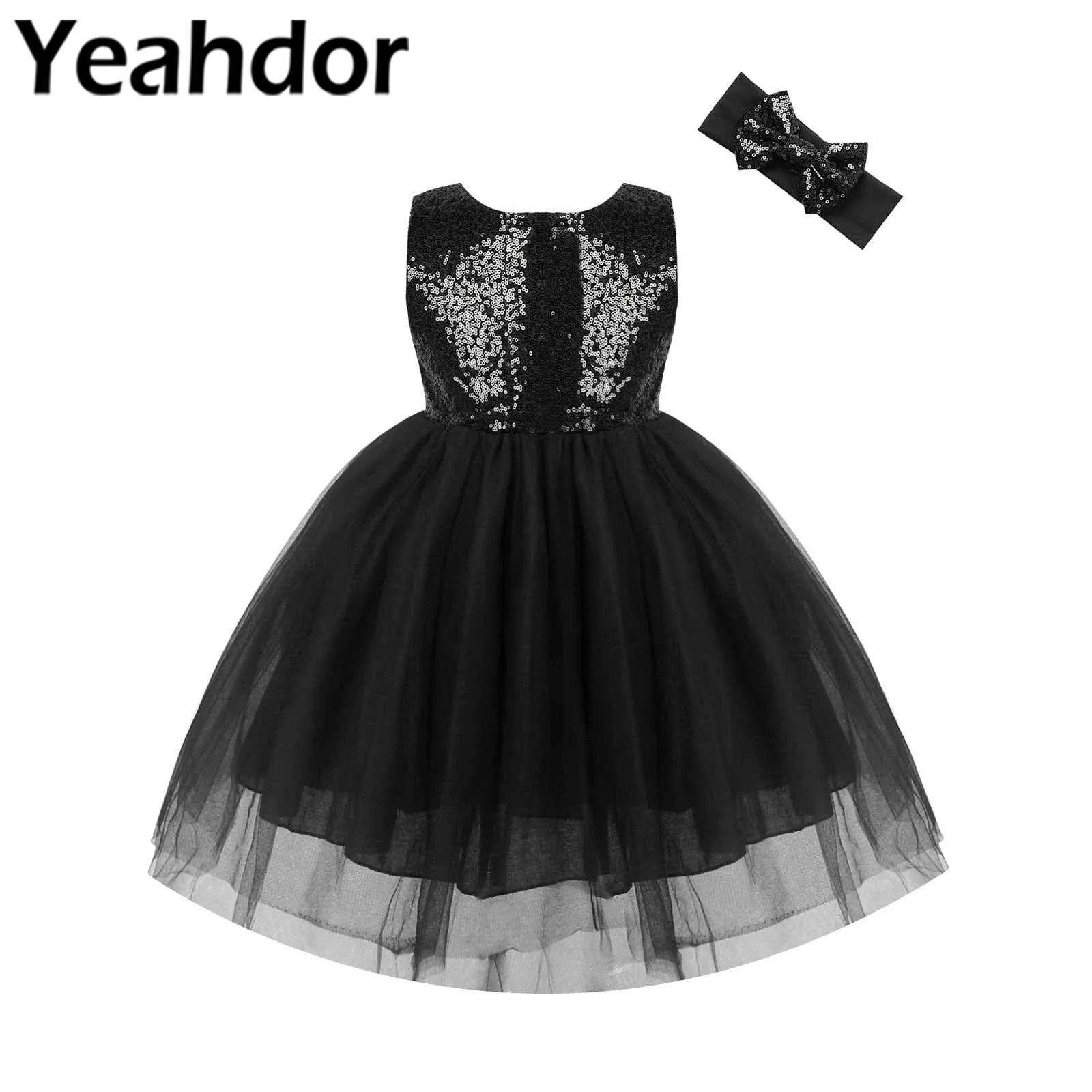 

Girls Sleeveless Keyhole Back Mesh Tutu Shiny Sequined Flower Dress with Headband Birthday Wedding Party Costume Kids Vestidos