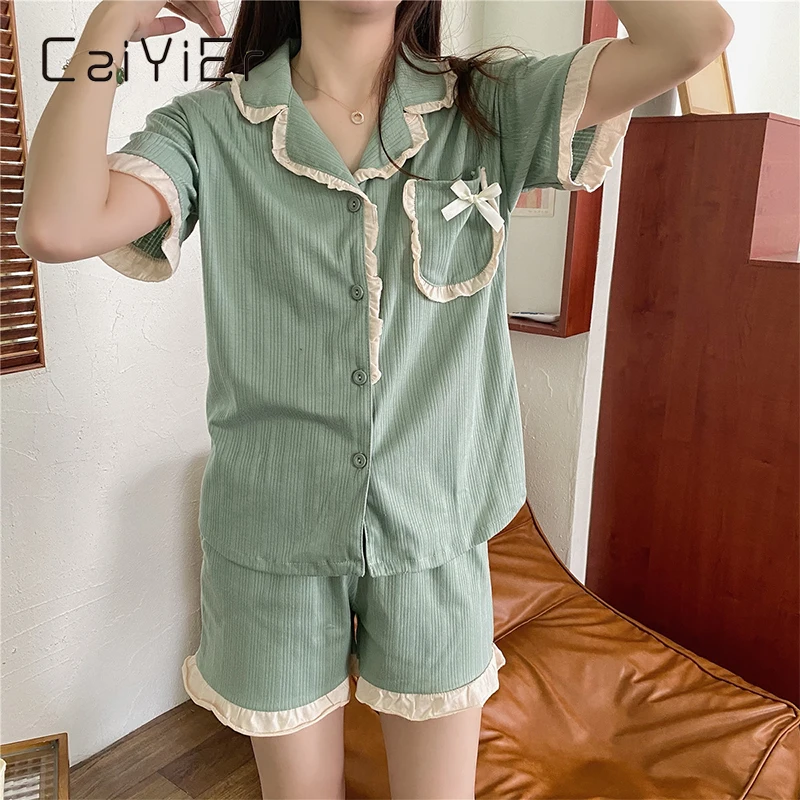 

CAIYIER Summer 2021 New Green Women Pajamas Set Korean Lovely Lapel Nightwear Lace Patchwork Button Soft Ruffles Sleepwear Suit