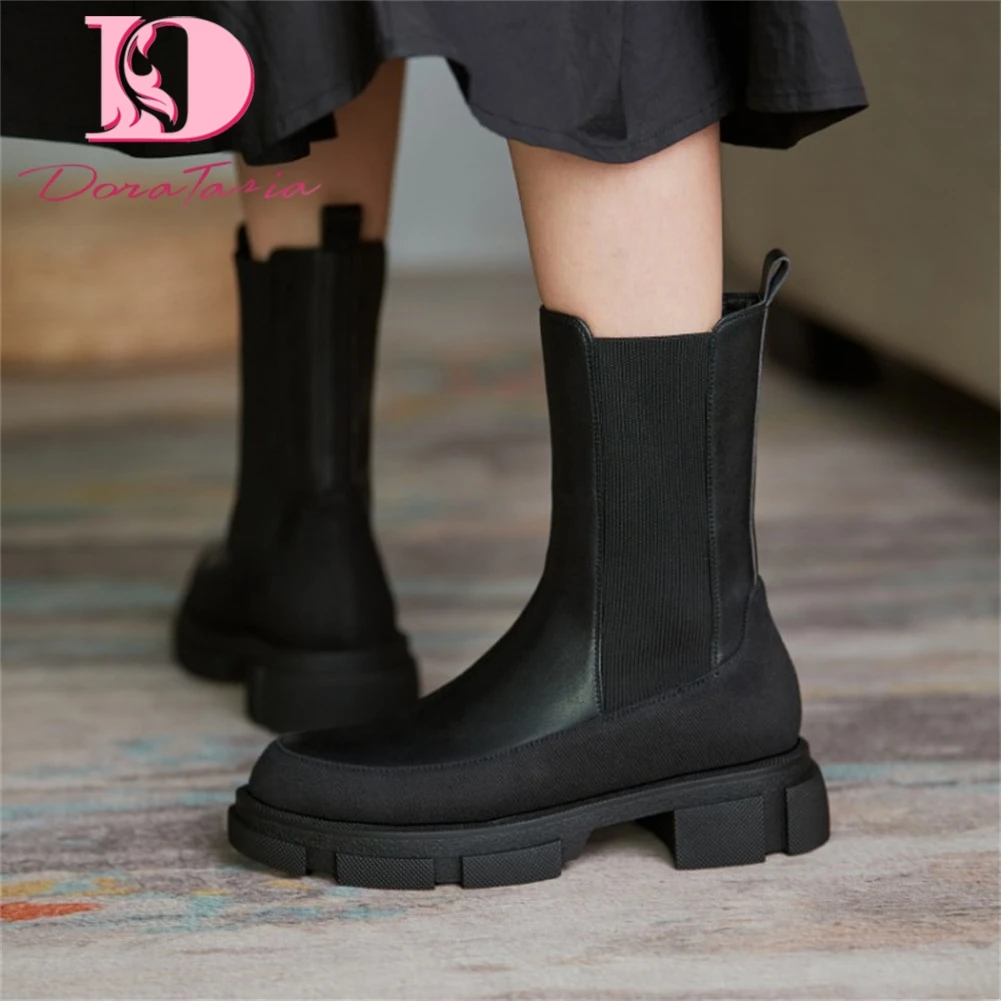 

DoraTasia Genuine Cow Leather Brand New Women Ankle Boots Platform Thick Med Heels Motorcycle Booties Autumn Punk Ladies Shoes