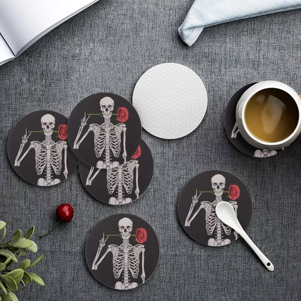 

6pcs/set Skeleton Skull Print Mug Coaster Drink Coffee Cup Mat Easy to Clean Placemats Round Tea Pad Table Pad Holder