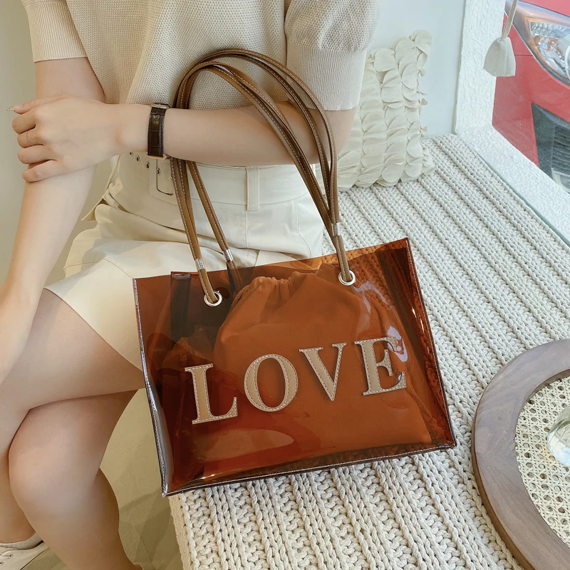 

Fashion Women Transparent Shoulder Composite Bag Casual Letter Solid Color PVC Handbags Portable Large Capacity Shopping Purse