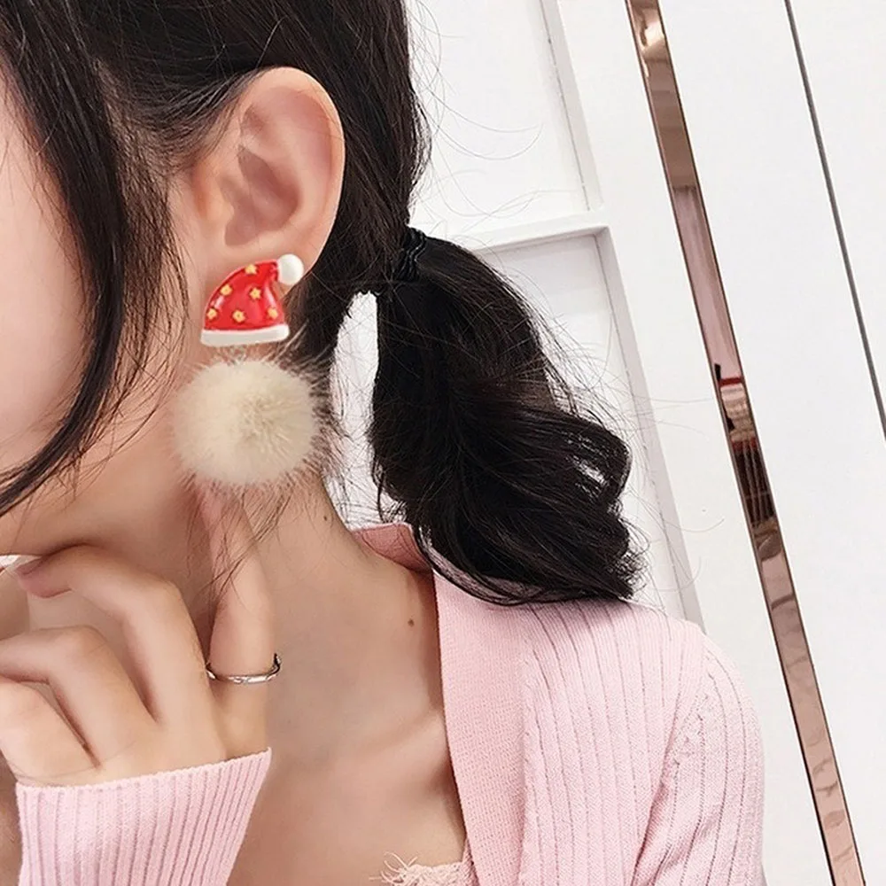 Рождество Новый год волосы мяч серьги Снеговик Рождественская красная шляпа