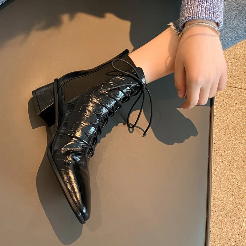 

Short Boots 2021 New Fashion European And American Style Large Thick Heel Medium Heel Small Square Head Cross Lace Up Women's
