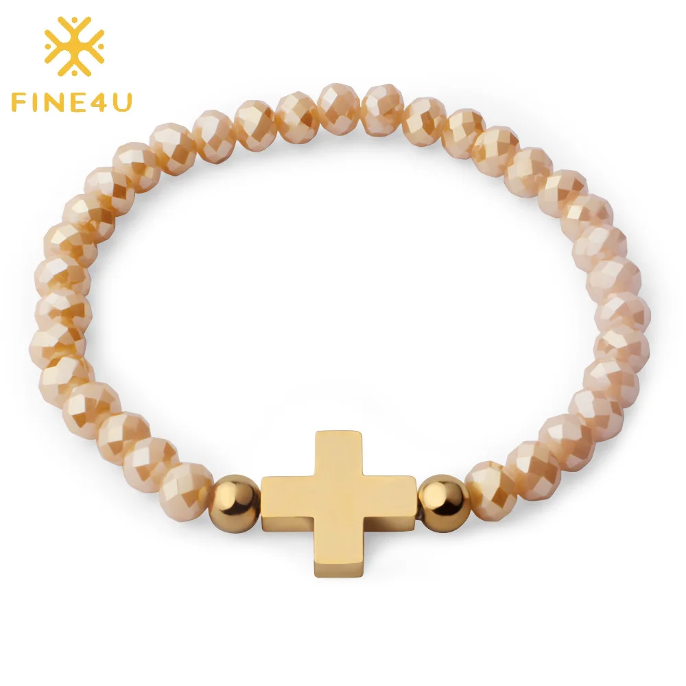 FINE4U B180 Stainless Steel Cross Charm Bracelet Adjustable Beaded Bracelets Crucifix Rosary Jewelry 4 Colors Choices | Украшения и