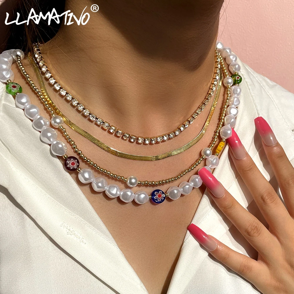 

4pcs/set Irregular Pearl Flower Seed Beads Strand Necklace For Women Fashion Gold Color Metal Snake Chain Necklaces Jewelry Gift