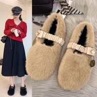 new winter plus velvet flats 2021 temperament sweet round toe pleated belt mary janes retro college style ballet shoes warm offi