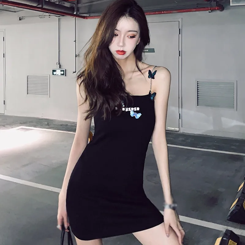 

Women's Mini Tight Dress Thin Shoulder Strap Vestidos Women's Fashion Butterfly Print Sleeveless Spaghetti Strap Slim Sexy Dress