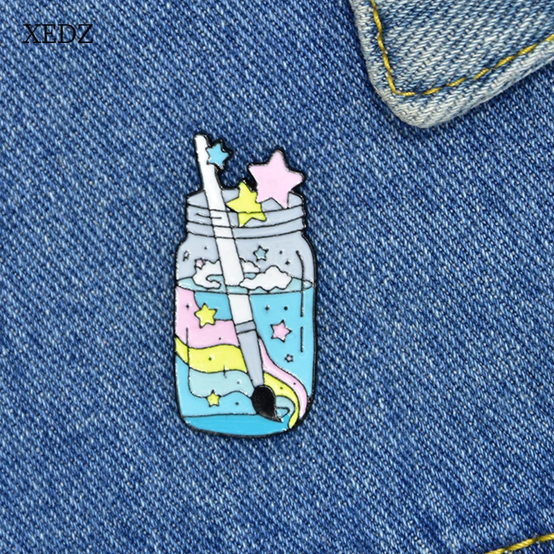 

XEDZ Color Star Brush Bucket Enamel Brooch Cartoon Ink Rainbow Brush Drink Milk Tea Cup Badge Jewelry Gift