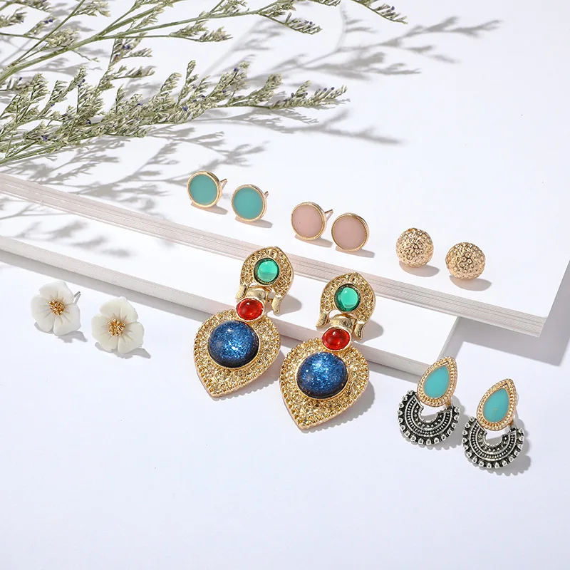 

6 Pairs Metal Drop Turquoise White Flower Round Stud Earrings