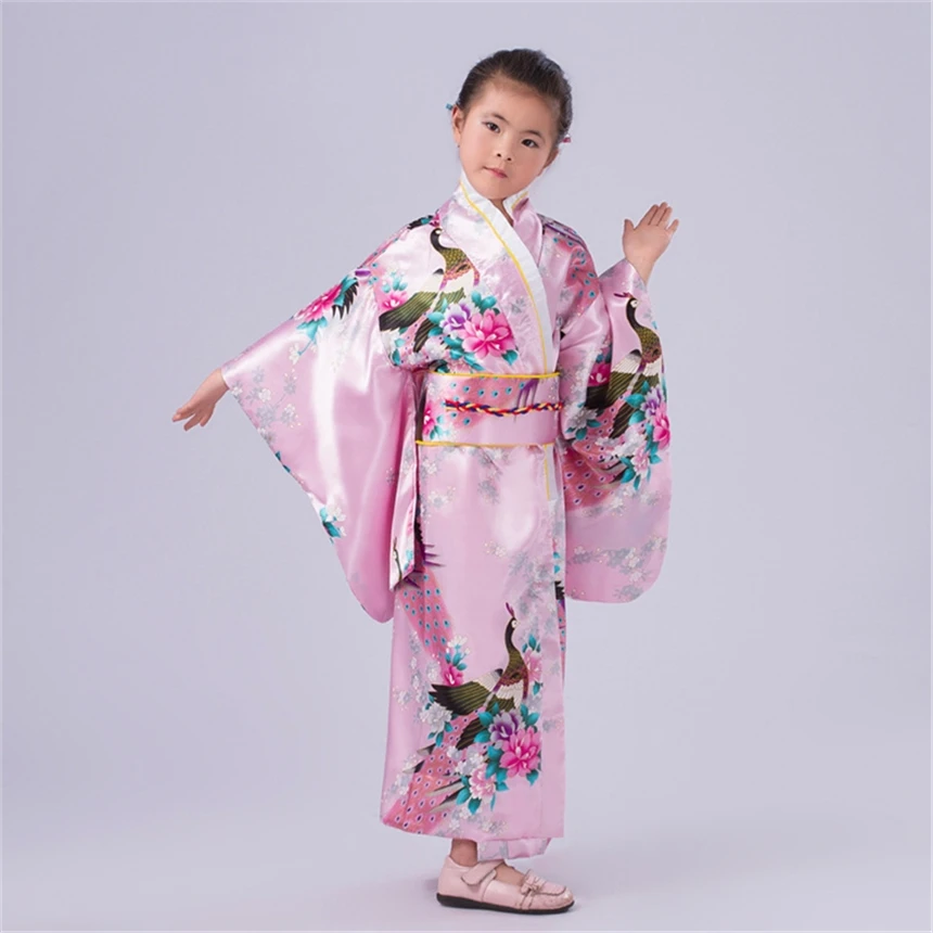 

2021 Traditional Kimono Girl Japanese Dress Silk National Traditional Print Cherry Red Blossoms Costume for Girls Japan Clothing
