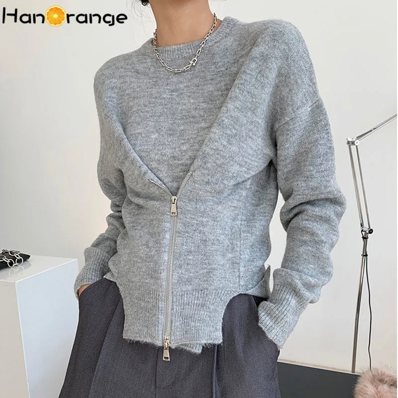 HanOrange Winter Women Elastic Mohair Round Neck Zipper Sweater Female Doubleside Wearable