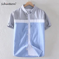 schinteon brand men summer 100 cotton shirt oxford short sleeved smart casual slim patchwork shirt turn down collar new