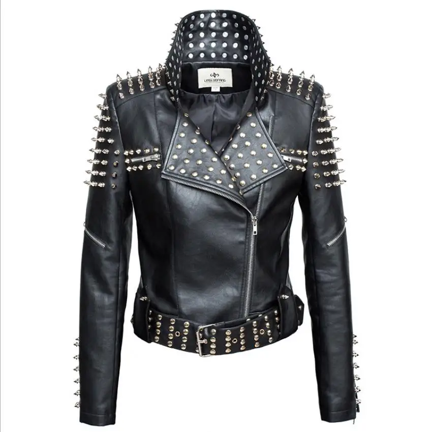 

Популярный в виде пули Куртки из искусственной кожи с заклепками и бисером Весенняя кожаная верхняя одежда в стиле панк Женская тонкая курт...