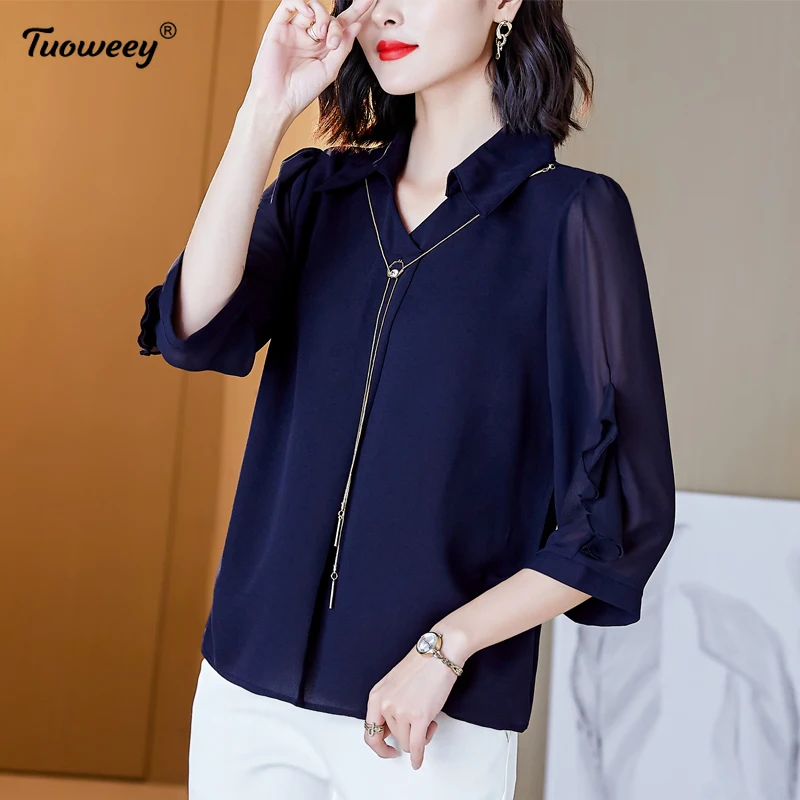 

Летняя однотонная шифоновая рубашка с коротким рукавом, женская Свободная блузка с v-образным вырезом большого размера 4XL, Повседневная Тон...