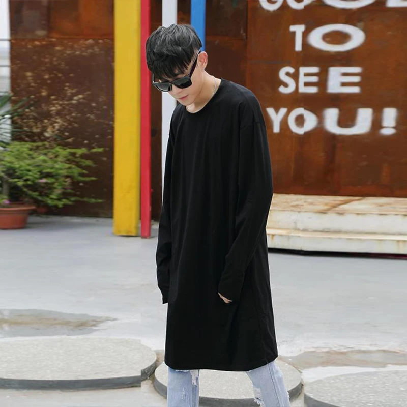 Spring and Autumn Korean Men's Long Sleeve T-Shirt Street Fashion England Simple Wild Super Solid Color Large Size T- | Мужская