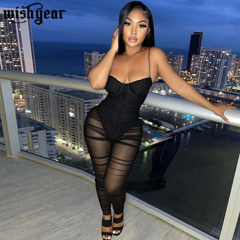 

Black Sheer Mesh Splice Sexy Spaghetti Strap Jumpsuit Women Wrap Chest Open Back See Through Rompers Overalls