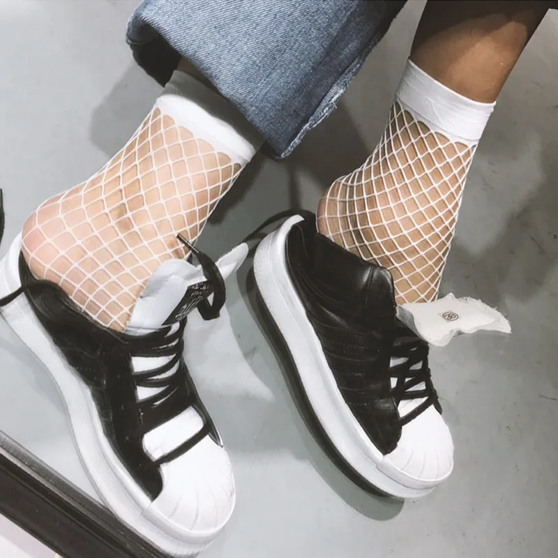 Женские летние дышащие кружевные носки в сеточку белые черные ажурные Короткие