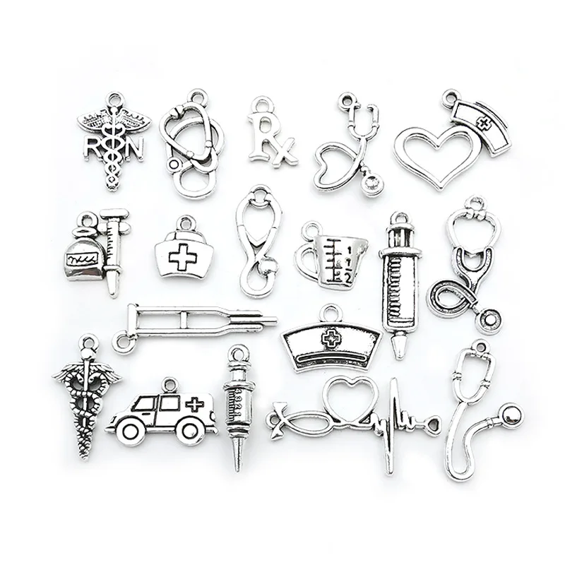 

30/50Pcs Mix Medical Appliances Jewelry Making Pendant Nurse Hat Stethoscope Charms Bracelet Earrings Necklace Pendant 6x20MM