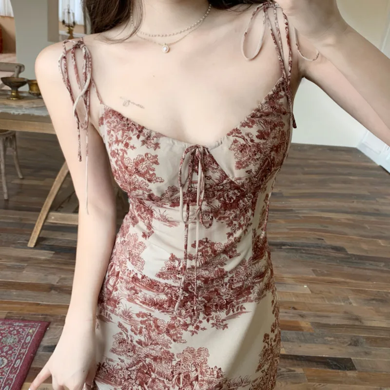 

2021 Summer New Women Sexy Drawstring Printed Slim Maxi Boho Dresses Spaghetti Strap Dress Vintage Vestidos Elegantes Para Mujer