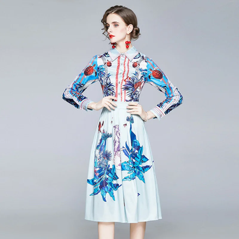 

Runway Designer Dress Female Autumn Winter Women Fashion Casual Blue Vintage Print Dress Plus Size Elegant Slim Midi Dresses