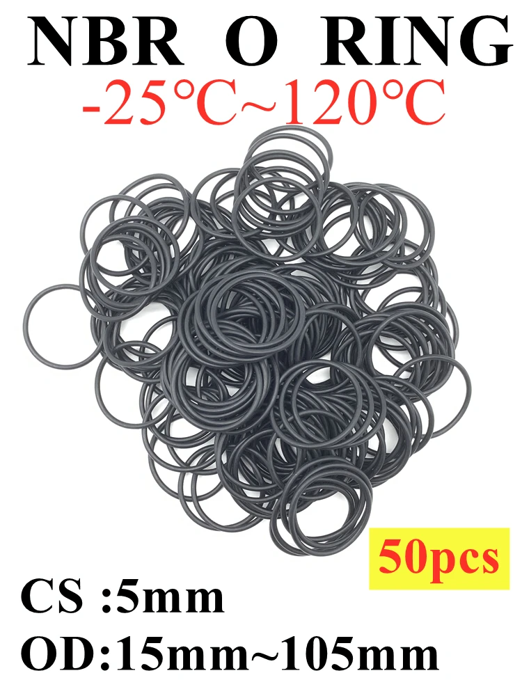 

50pcs Black O Ring Gasket CS 5mm OD 15mm ~ 105mm NBR Automobile Nitrile Rubber Round O Type Corrosion Oil Resist Sealing Washer