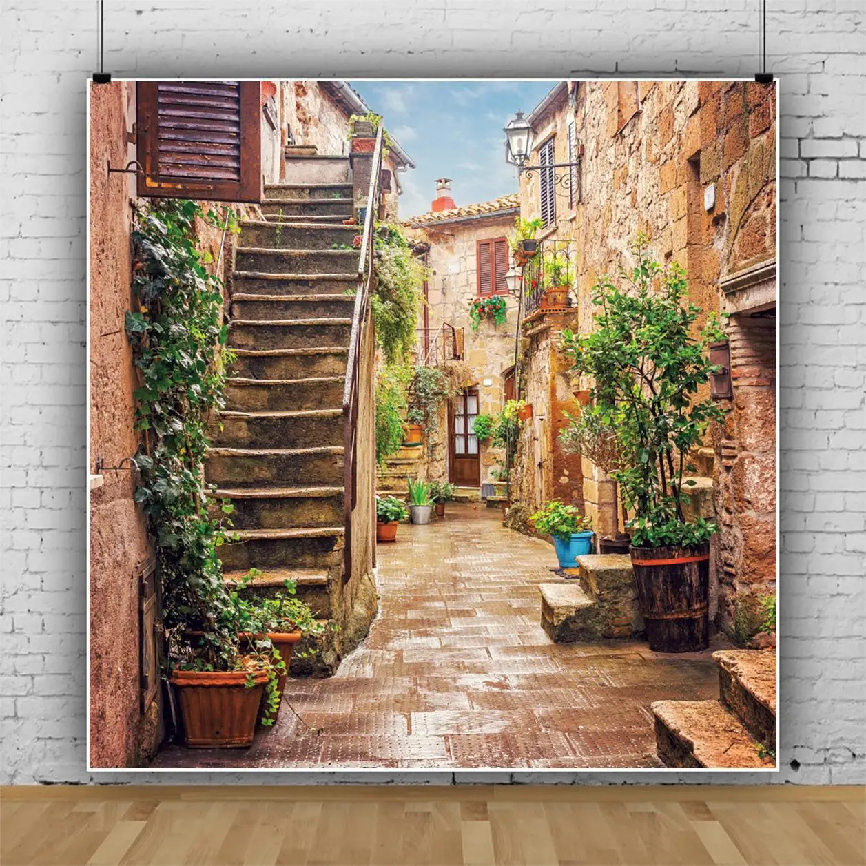 

Old-Fashioned Building Stair Flowers Street Backdrop Family Room Decoration Photography Studio Photo Kid Custom Vinyl Background