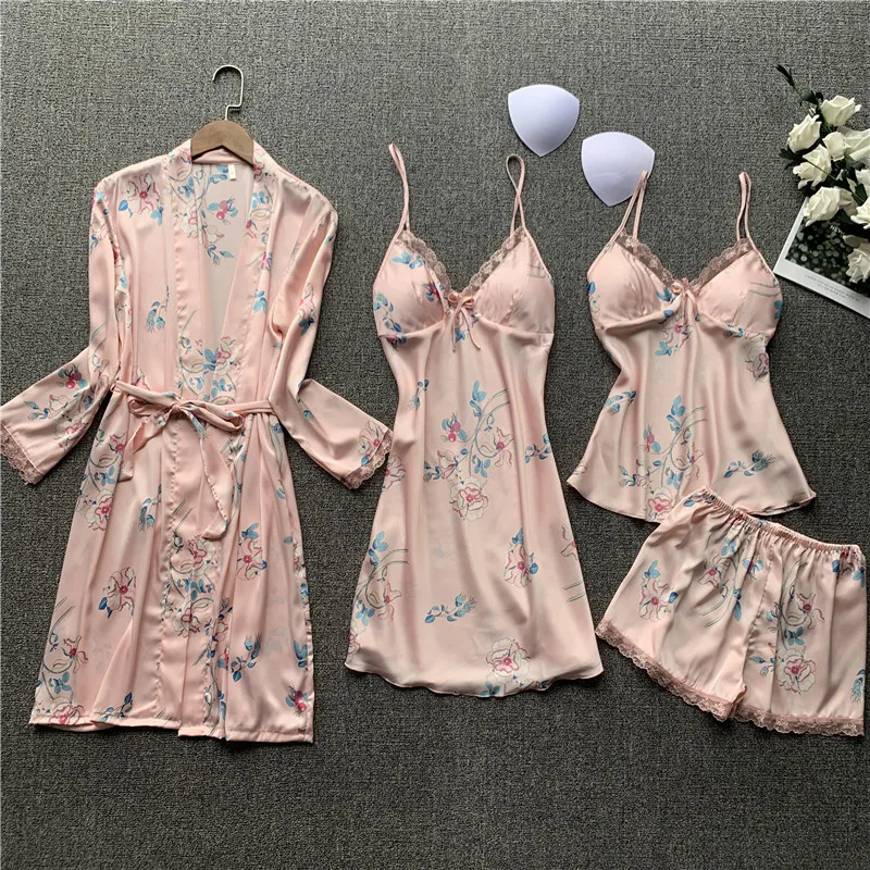 Женские пижамные комплекты сексуальные атласные кружевные шелковые пижамы 4