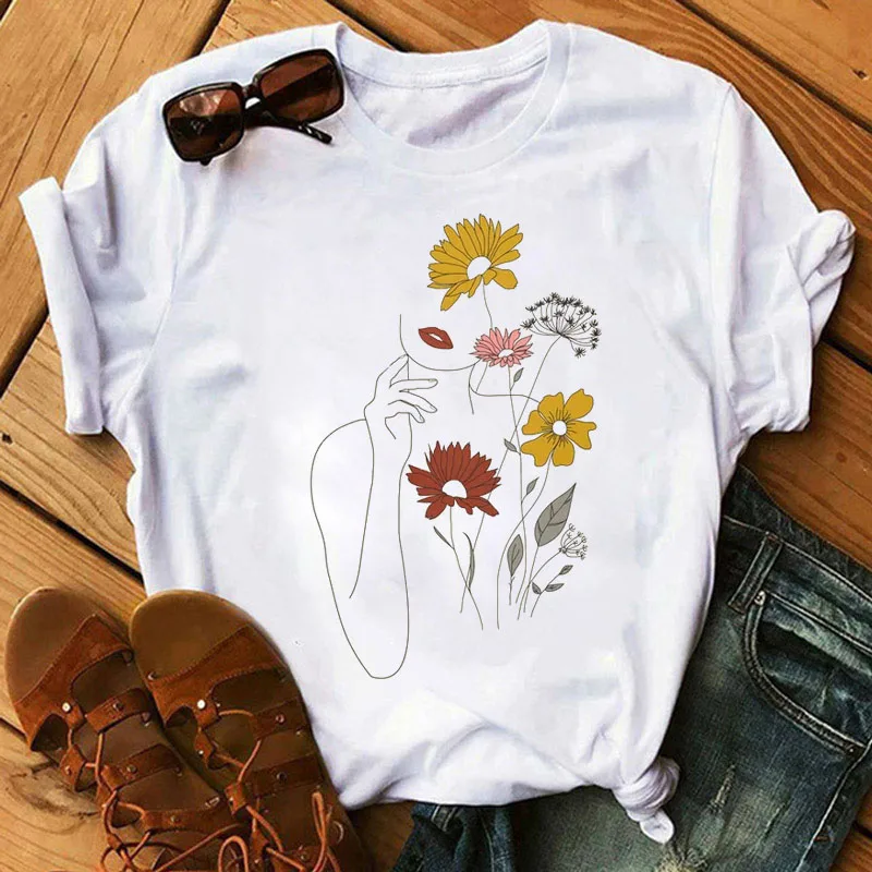 

Ladies Tshirt Harajuku Women T Shirt Watercolor Flower Print T Shirt Female Summer Tee Short Sleeve Tops Cute Graphic Tee Shirts