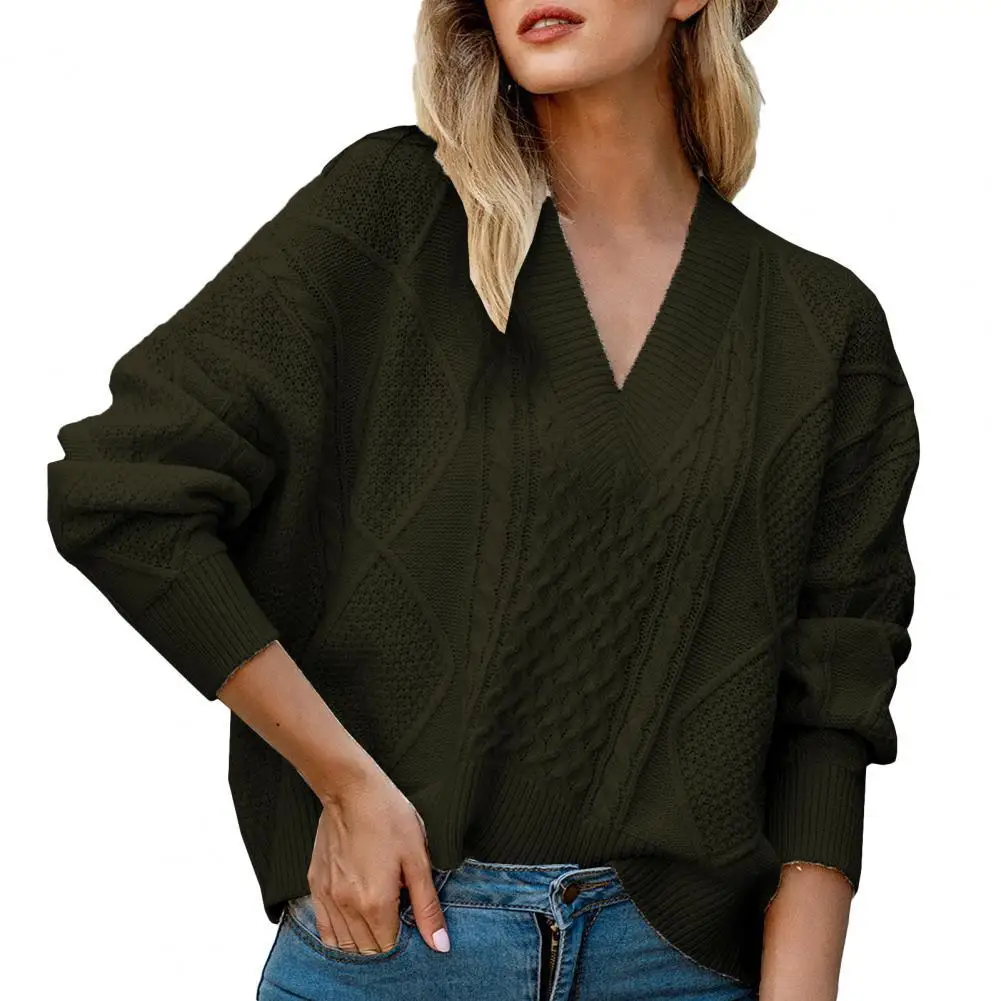 

Solid Color Women Knitted Sweater Elegant V Neck Batwing Sleeve Women Top for Daily Wear Casual Pullovers Women Autumn
