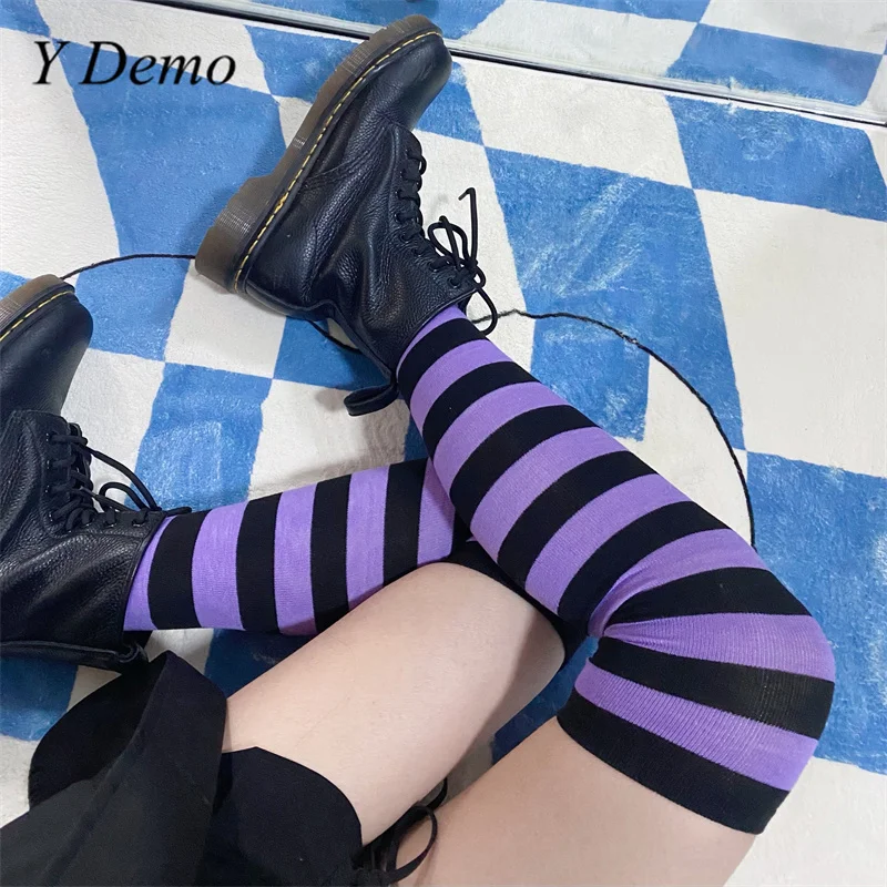 Y Demo Harajuku гранж полосатые женские чулки выше колена повседневные эластичные