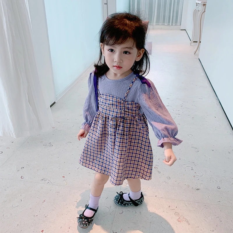 

Spring /Autumn Lovely Sweet Girl Cotton Knee-Length Sleeve Splicing Lattice Bubble Sleeve College Style False Two Pieces Dress